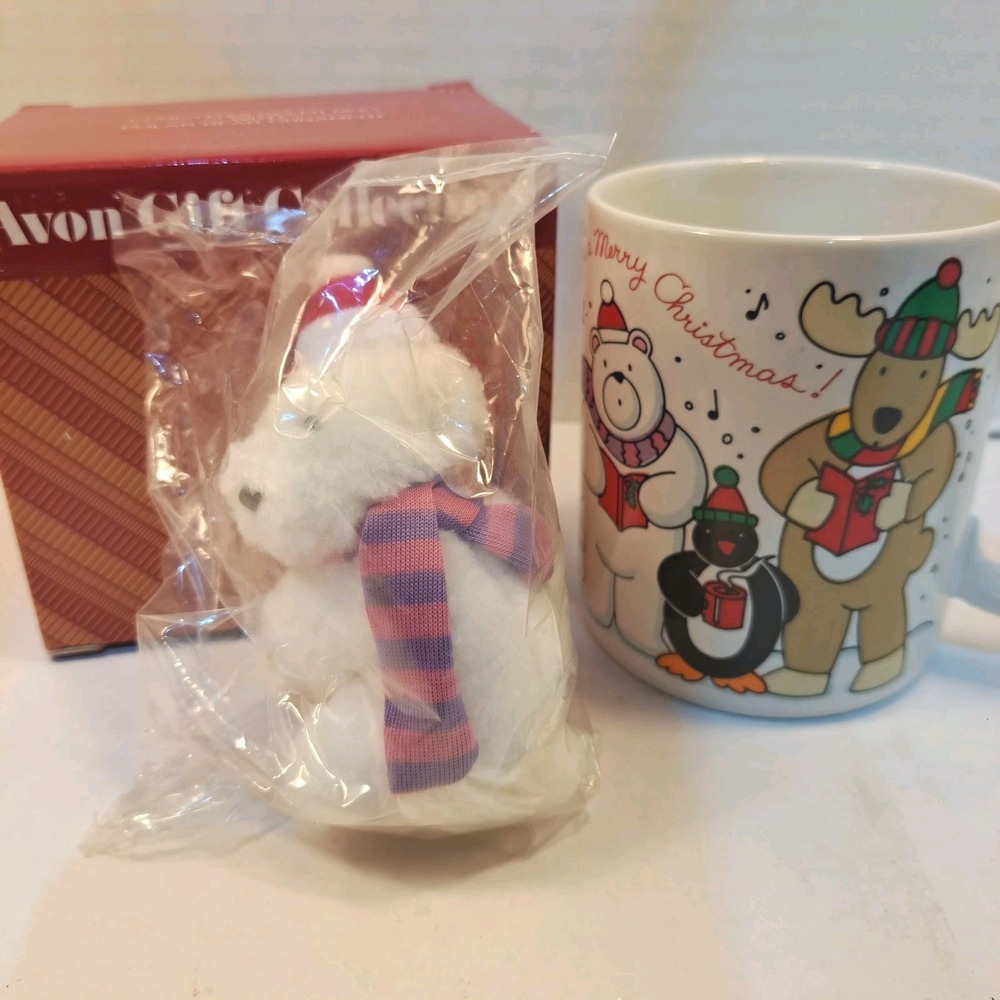 Avon Christmas Cheer Holiday Ceramic Mug Set w/ Polar Bear Ornament